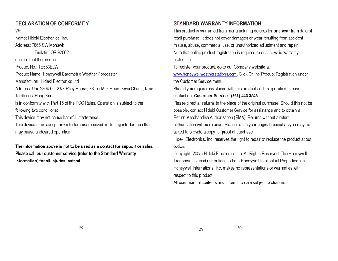 Honeywell TE653ELW user manual Declaration of Conformity, Standard Warranty Information 