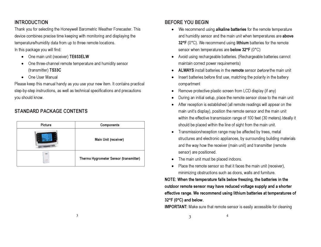 Honeywell TE653ELW user manual Introduction, Standard Package Contents, Before YOU Begin 