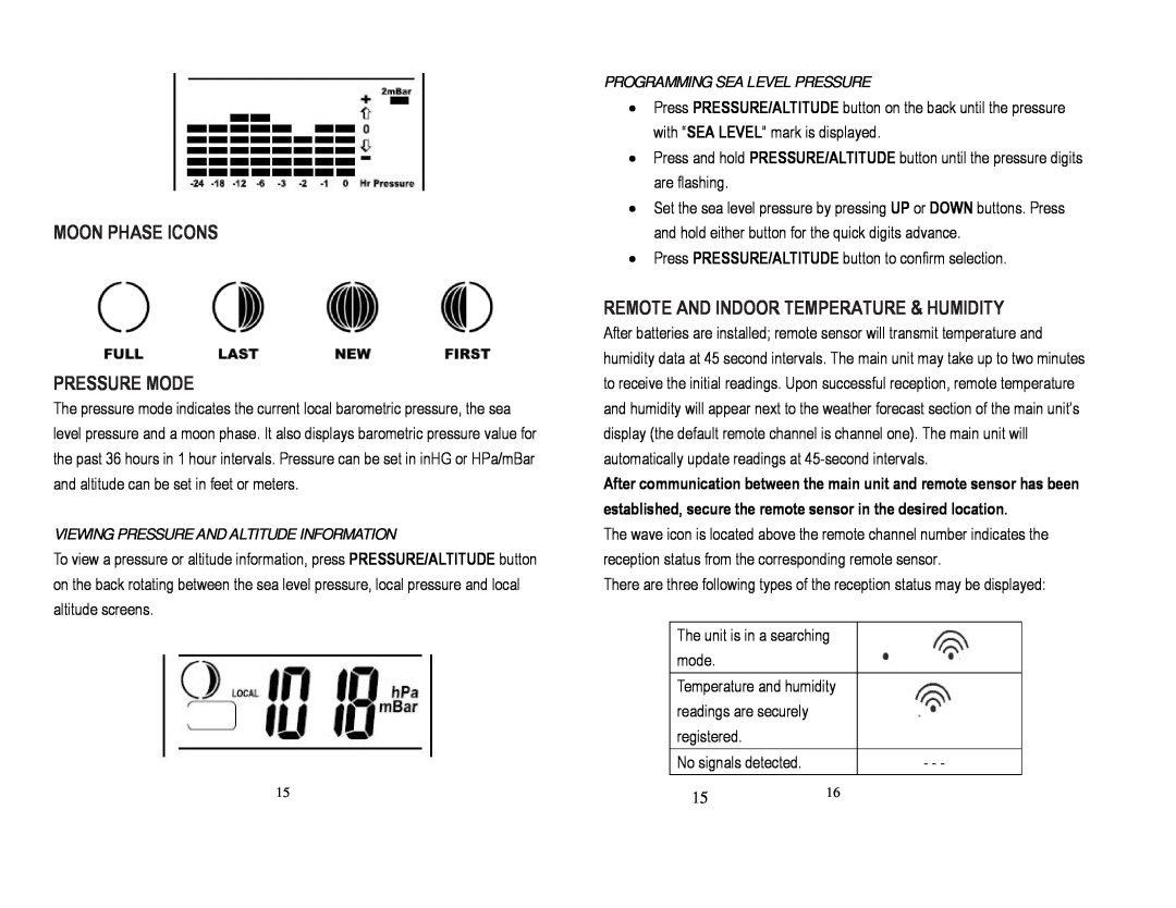 Honeywell TE653ELW user manual Moon Phase Icons Pressure Mode, Remote And Indoor Temperature & Humidity 