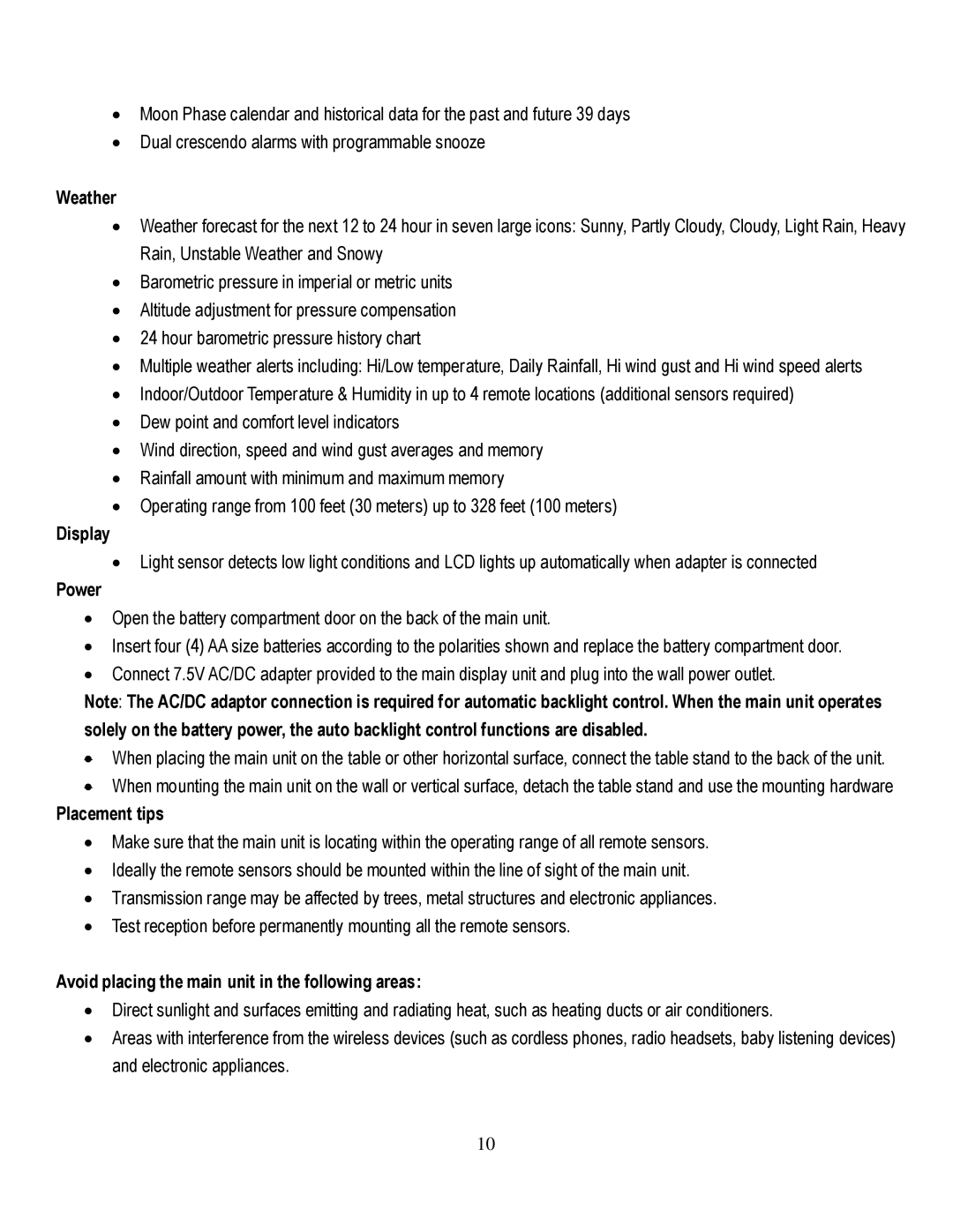 Honeywell TE821WD user manual Weather, Display, Avoid placing the main unit in the following areas 