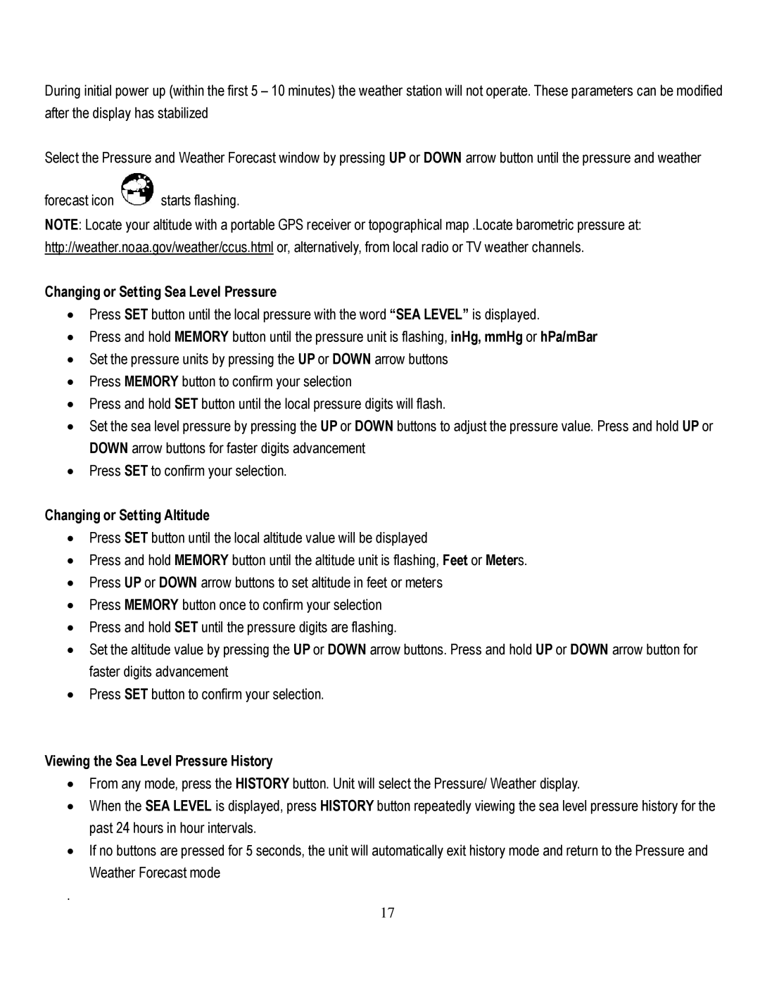 Honeywell TE821WD user manual Changing or Setting Sea Level Pressure, Changing or Setting Altitude 