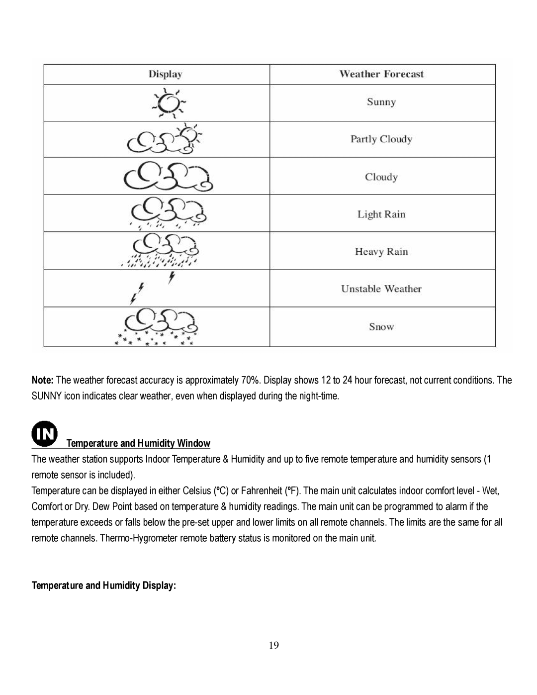 Honeywell TE821WD user manual Temperature and Humidity Window, Temperature and Humidity Display 