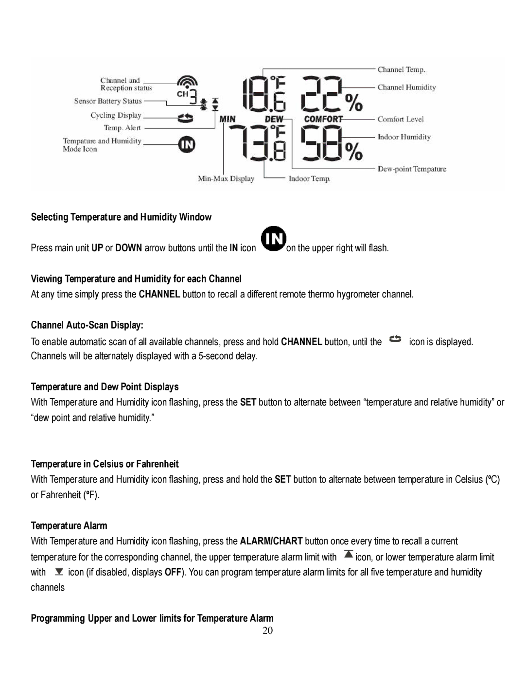 Honeywell TE821WD Selecting Temperature and Humidity Window, Viewing Temperature and Humidity for each Channel 