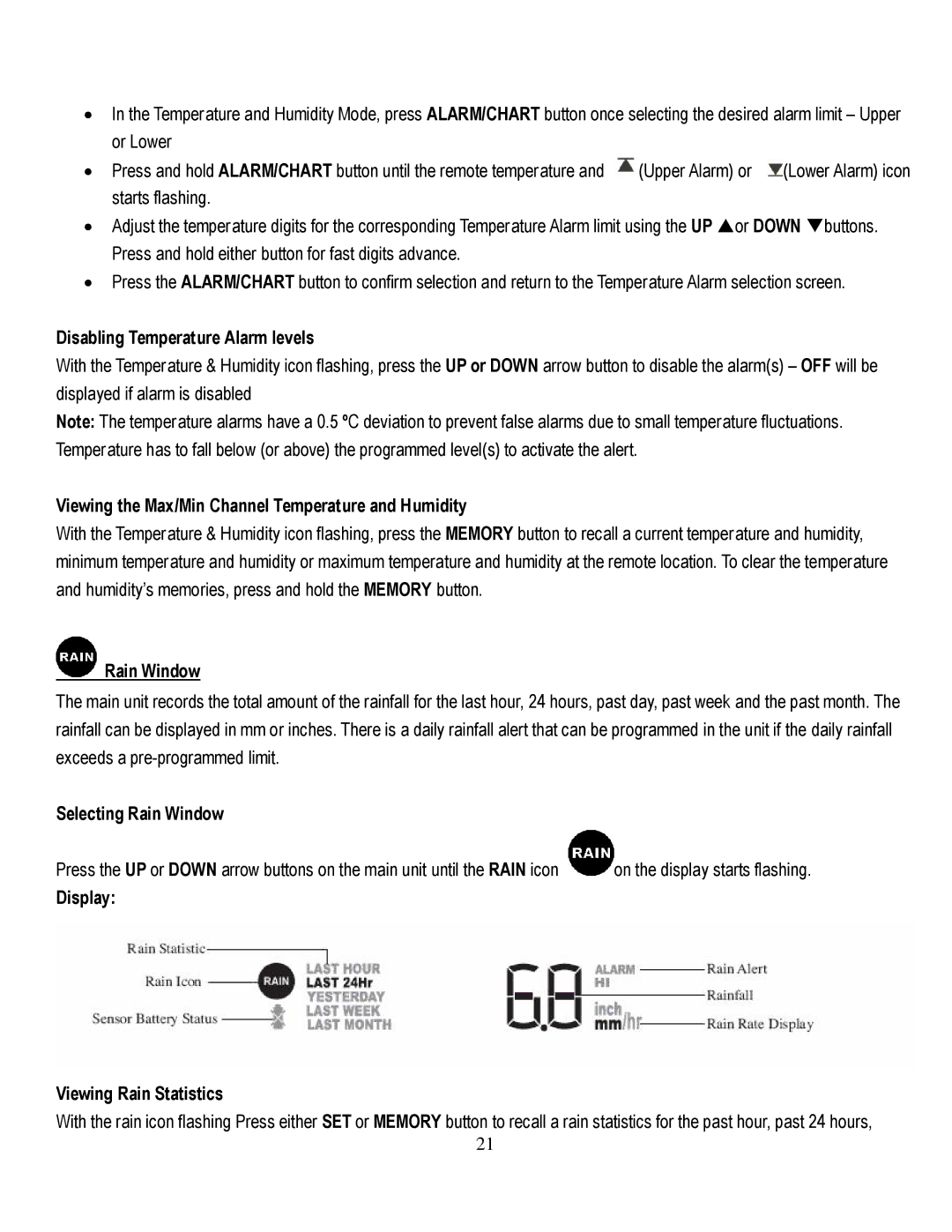 Honeywell TE821WD Disabling Temperature Alarm levels, Viewing the Max/Min Channel Temperature and Humidity, Rain Window 