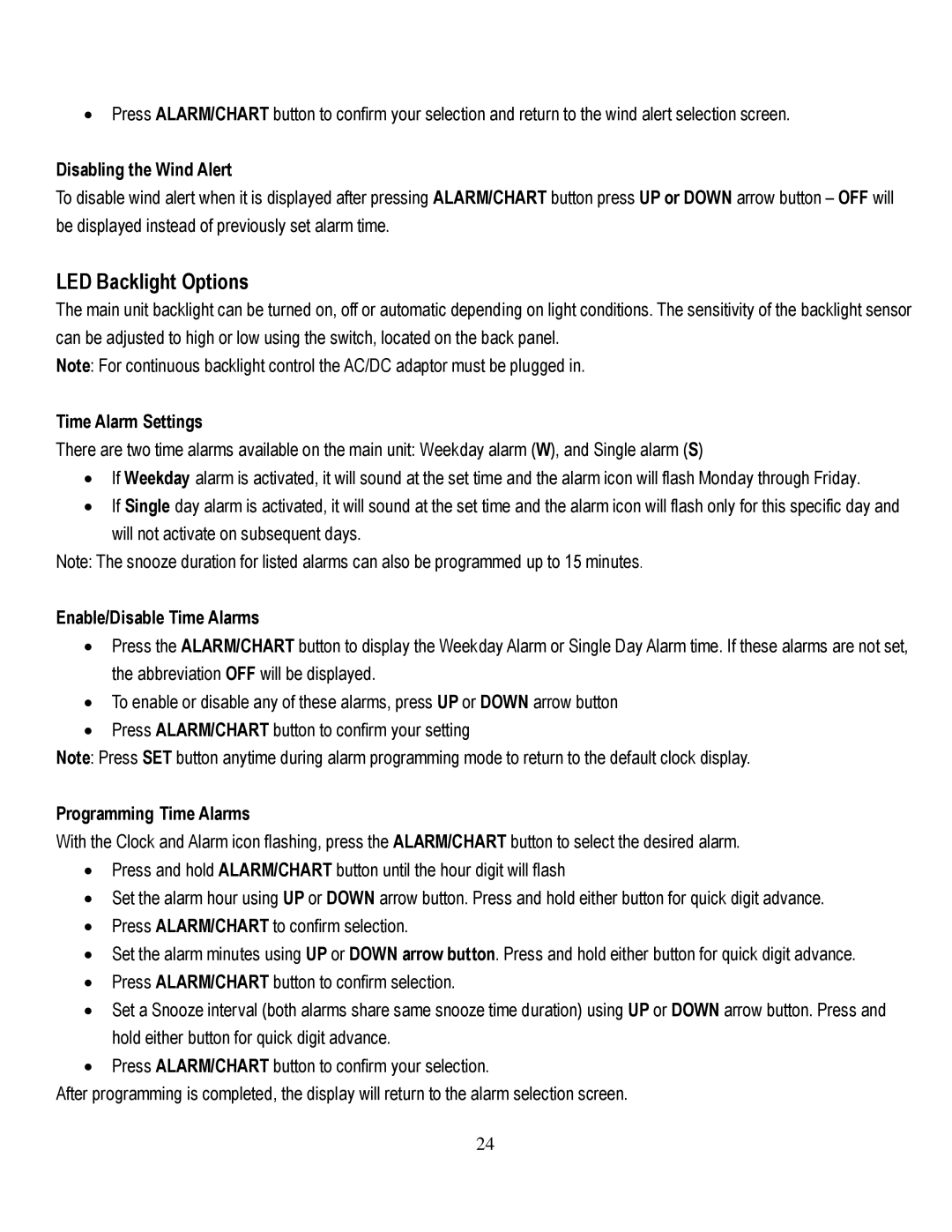 Honeywell TE821WD user manual Disabling the Wind Alert, Enable/Disable Time Alarms, Programming Time Alarms 