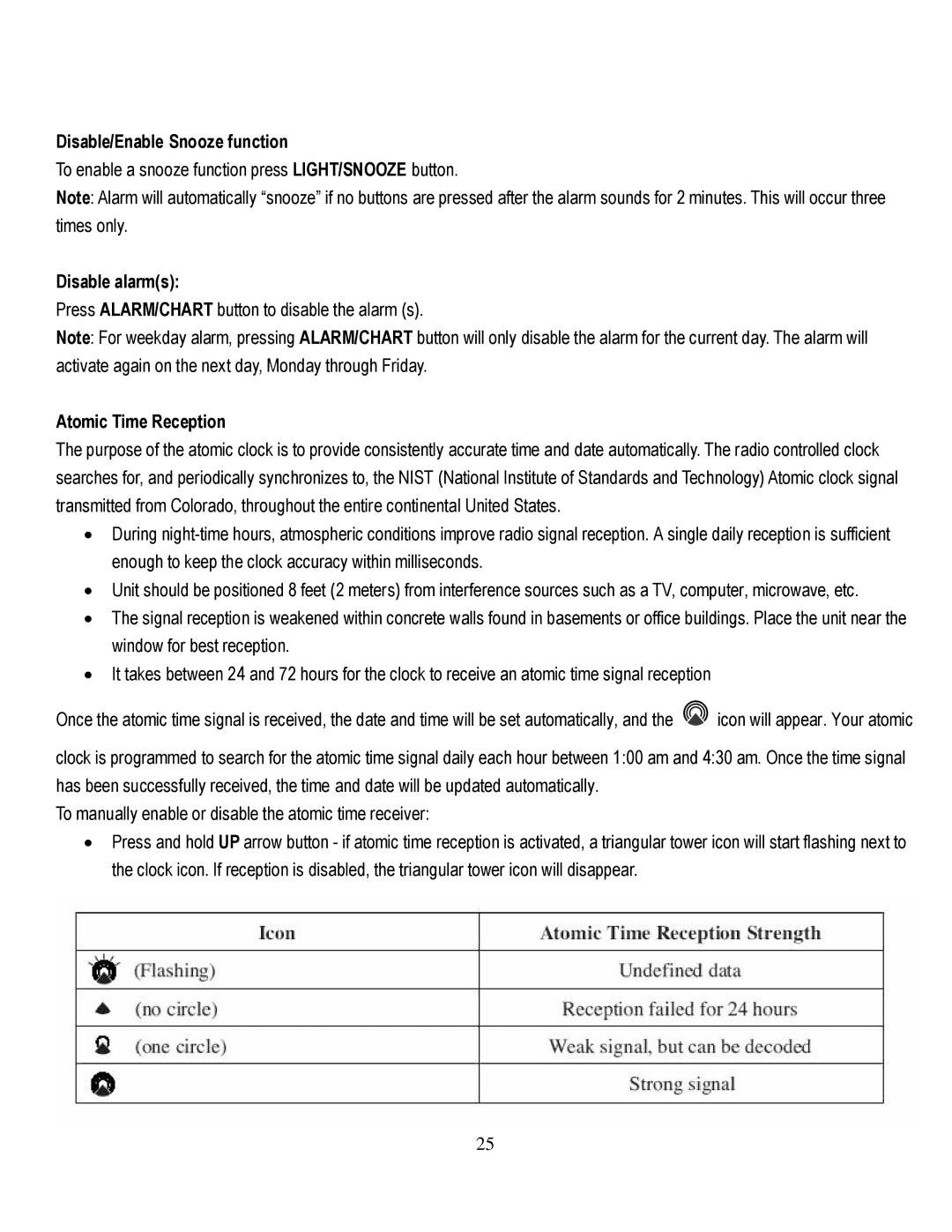 Honeywell TE821WD user manual Disable/Enable Snooze function, Disable alarms, Atomic Time Reception 