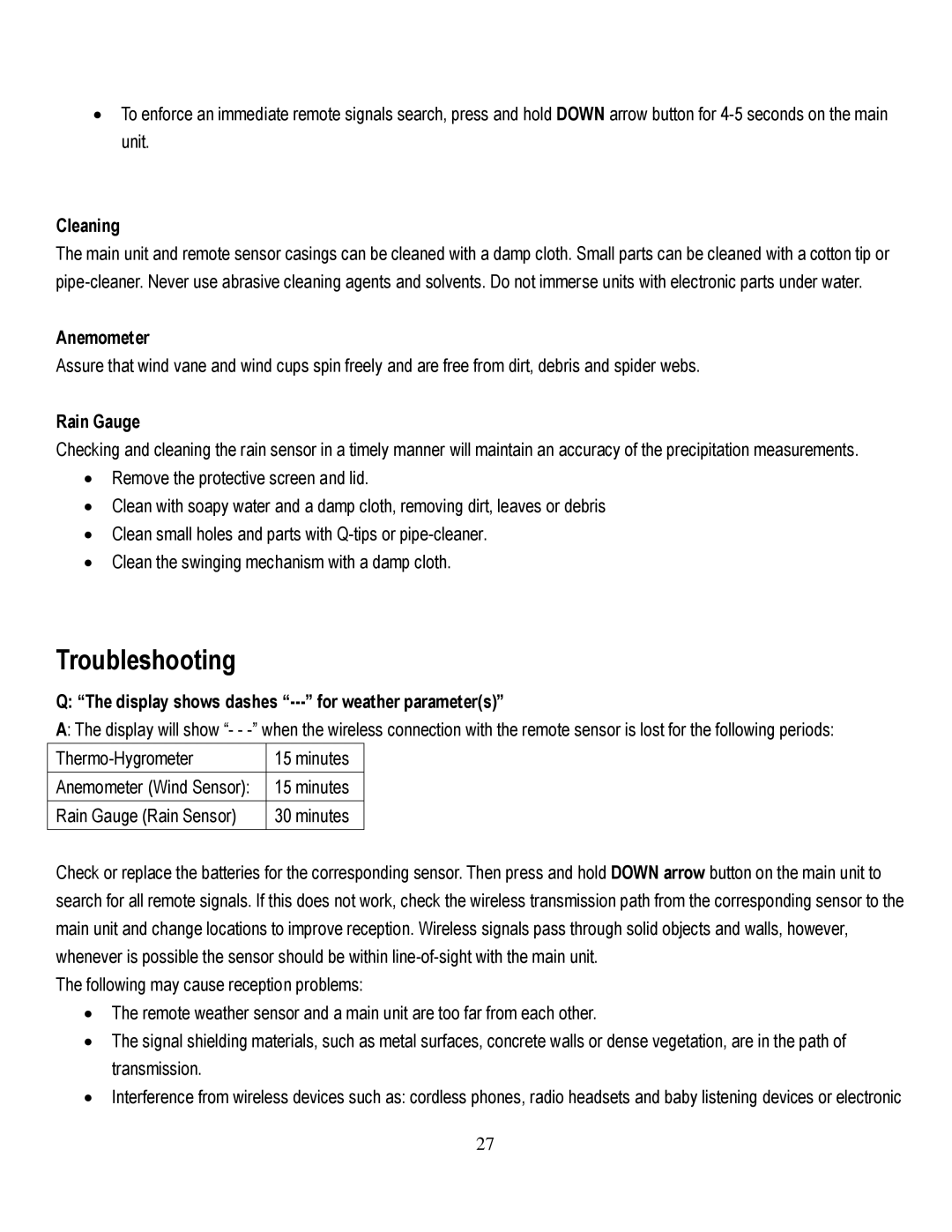 Honeywell TE821WD Troubleshooting, Cleaning, Anemometer, Rain Gauge, Display shows dashes --- for weather parameters 