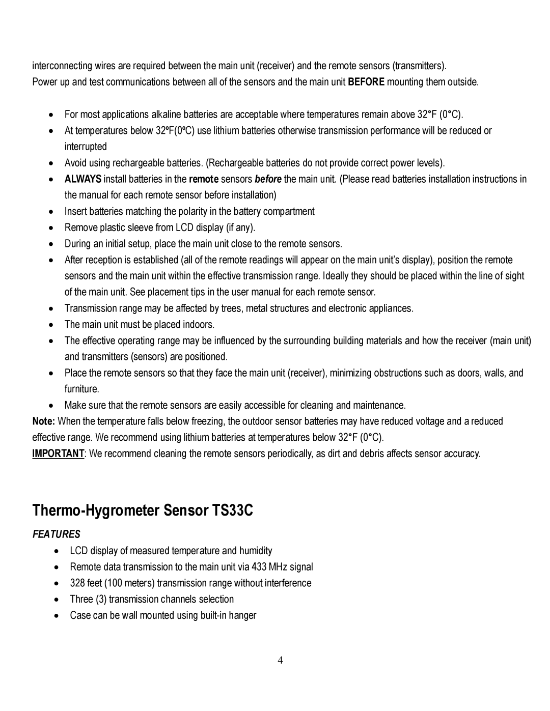 Honeywell TE821WD user manual Thermo-Hygrometer Sensor TS33C, Features 