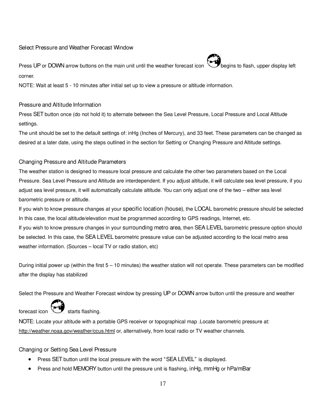 Honeywell TE821W user manual Select Pressure and Weather Forecast Window, Pressure and Altitude Information 