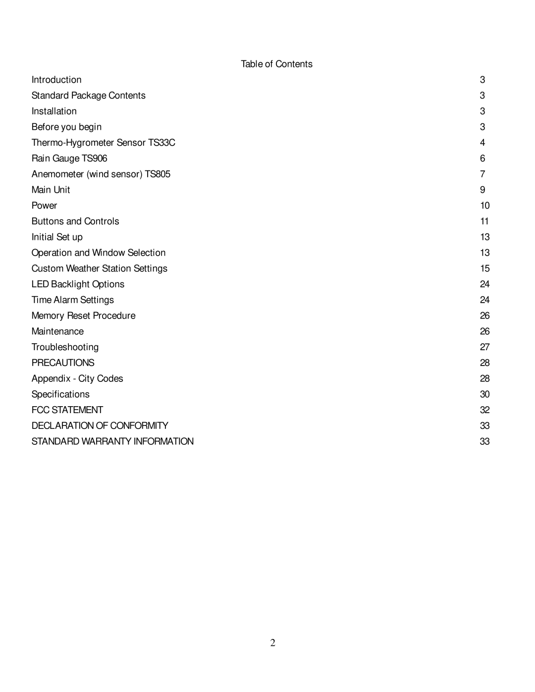 Honeywell TE821W user manual Table of Contents, Appendix City Codes Specifications 