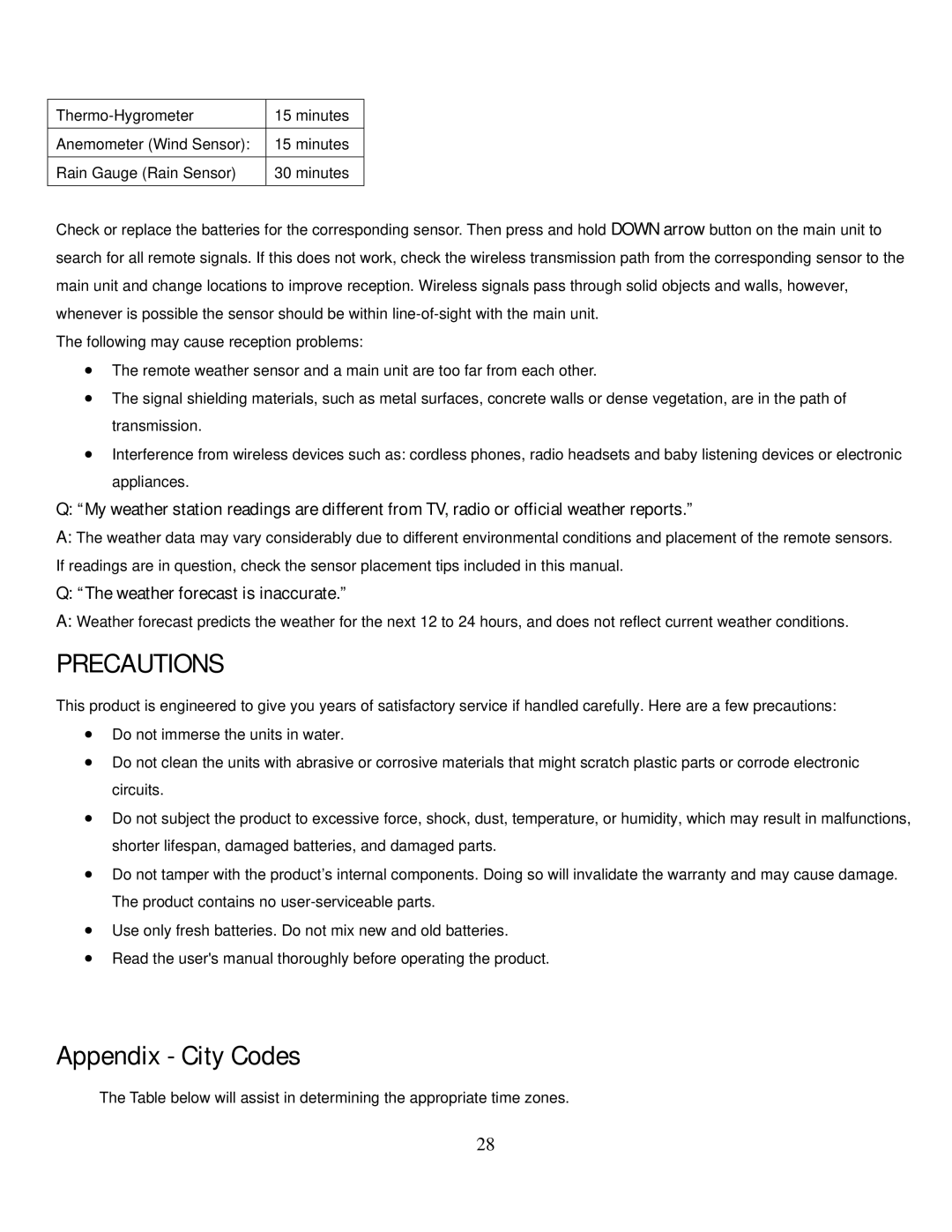 Honeywell TE821W user manual Appendix City Codes, Weather forecast is inaccurate 