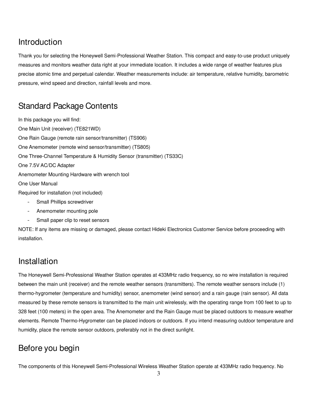 Honeywell TE821W user manual Introduction, Standard Package Contents, Installation, Before you begin 