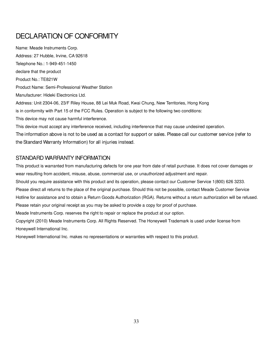 Honeywell TE821W user manual Declaration of Conformity 