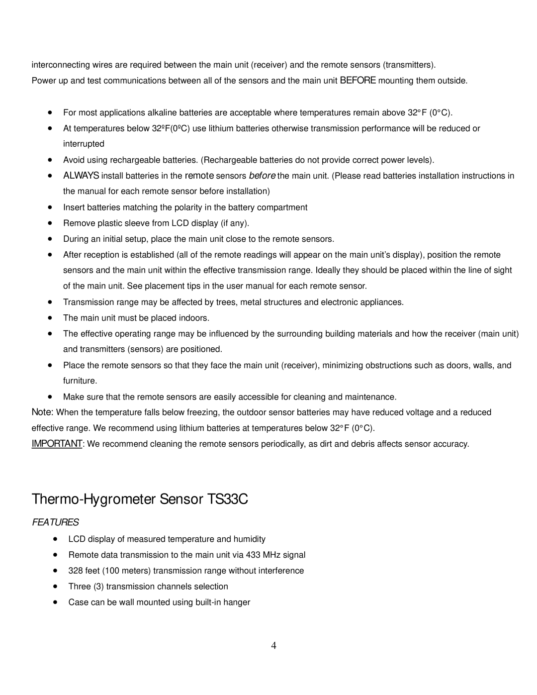 Honeywell TE821W user manual Thermo-Hygrometer Sensor TS33C, Features 