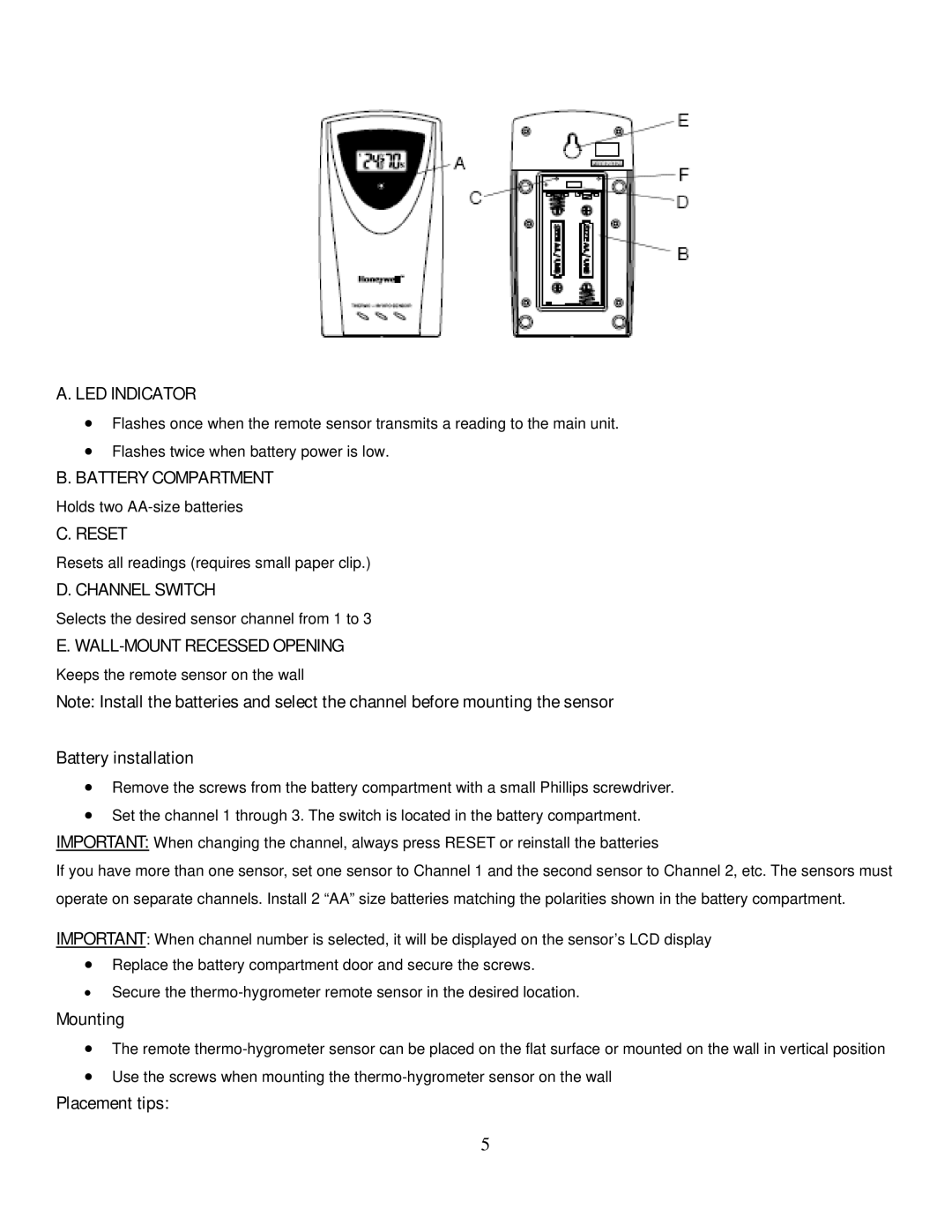 Honeywell TE821W user manual Battery installation, Mounting, Placement tips 