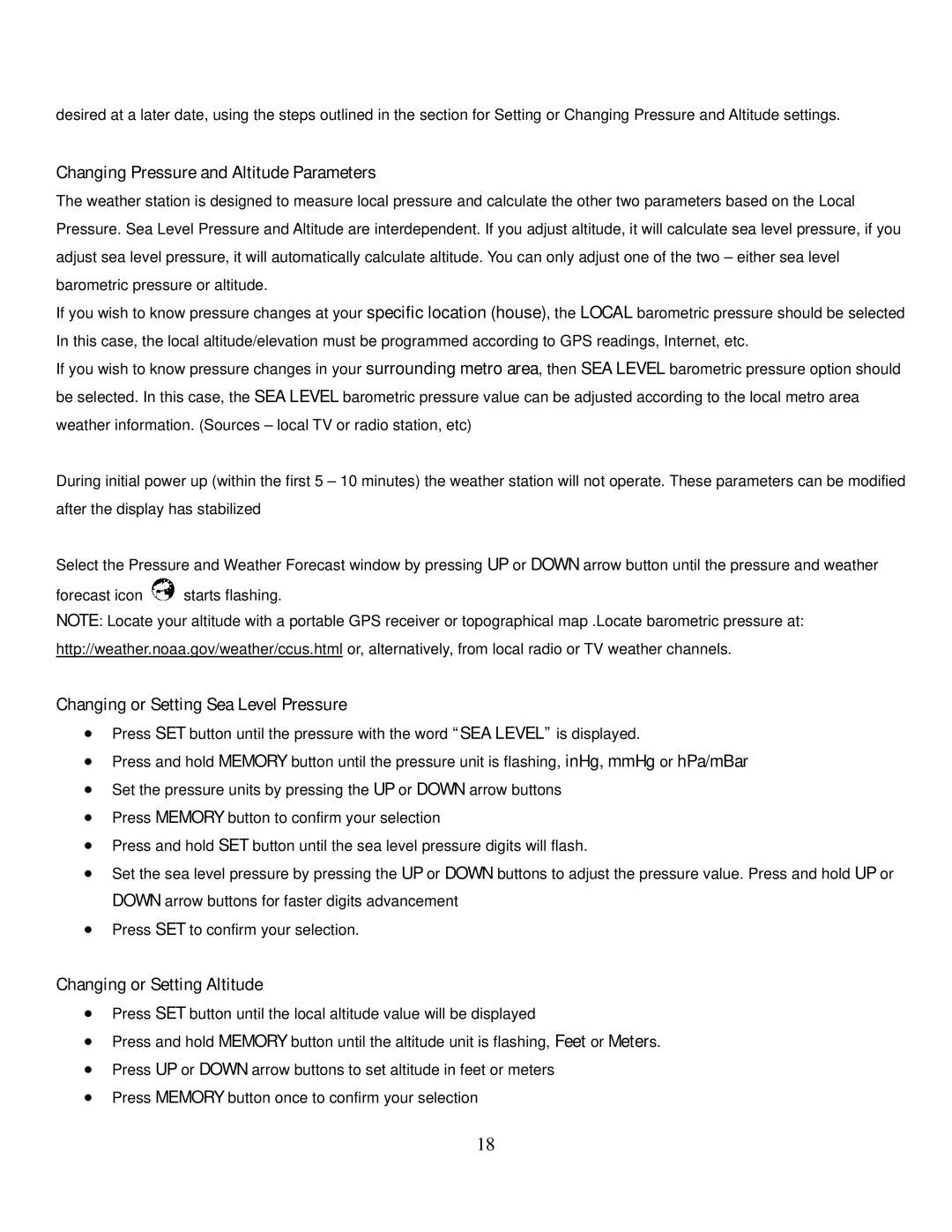 Honeywell TE831W-2 user manual Changing Pressure and Altitude Parameters, Changing or Setting Sea Level Pressure 