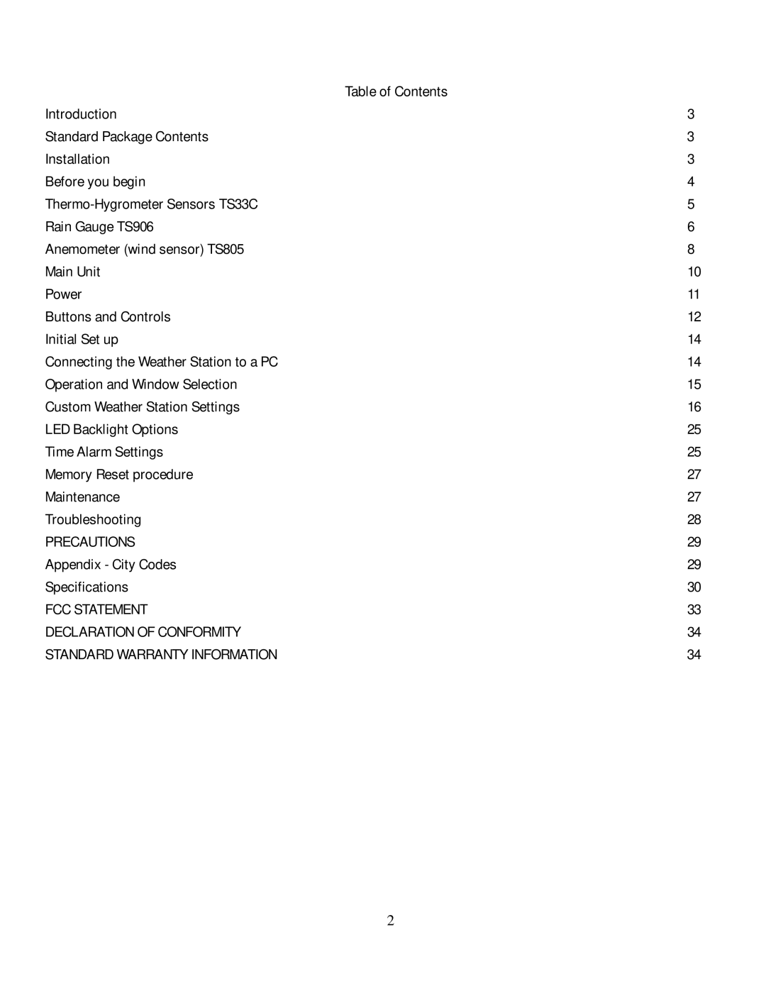 Honeywell TE831W-2 user manual Table of Contents, Appendix City Codes Specifications 