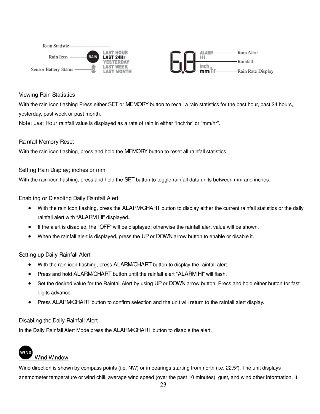 Honeywell TE831W-2 Viewing Rain Statistics, Rainfall Memory Reset, Setting Rain Display inches or mm, Wind Window 