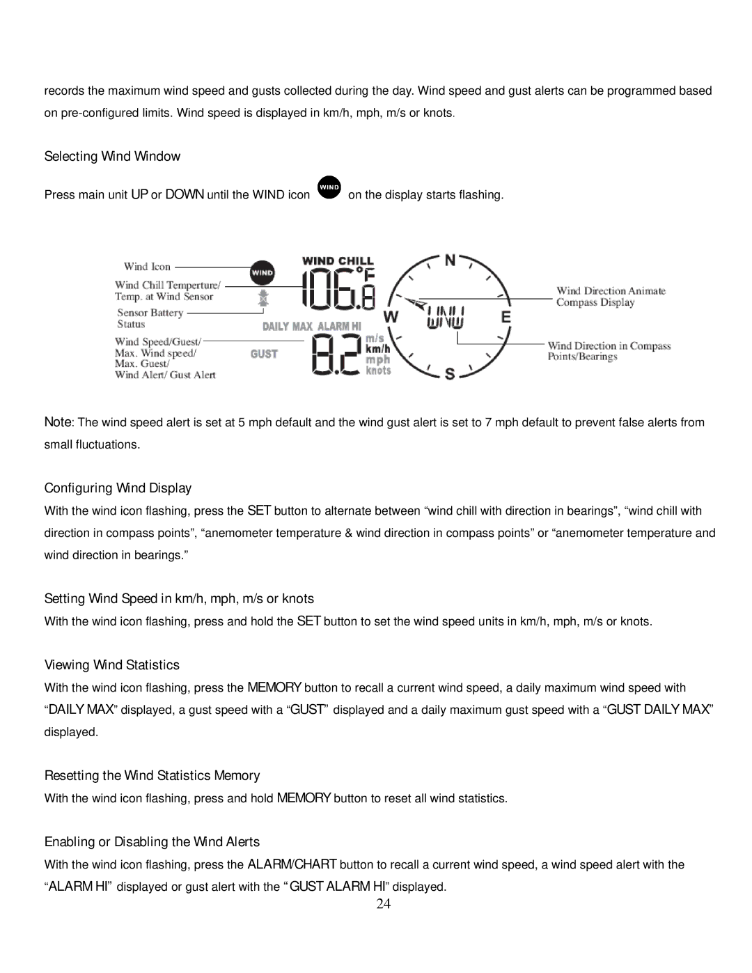 Honeywell TE831W-2 Selecting Wind Window, Configuring Wind Display, Setting Wind Speed in km/h, mph, m/s or knots 