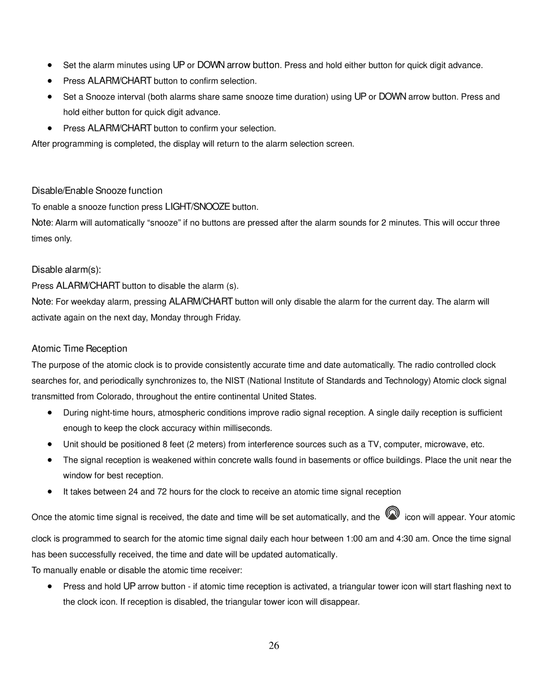 Honeywell TE831W-2 user manual Disable/Enable Snooze function, Disable alarms, Atomic Time Reception 