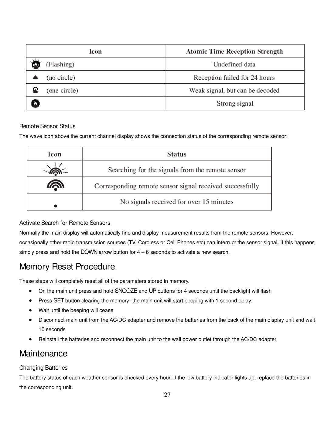 Honeywell TE831W-2 Memory Reset Procedure, Maintenance, Remote Sensor Status, Activate Search for Remote Sensors 