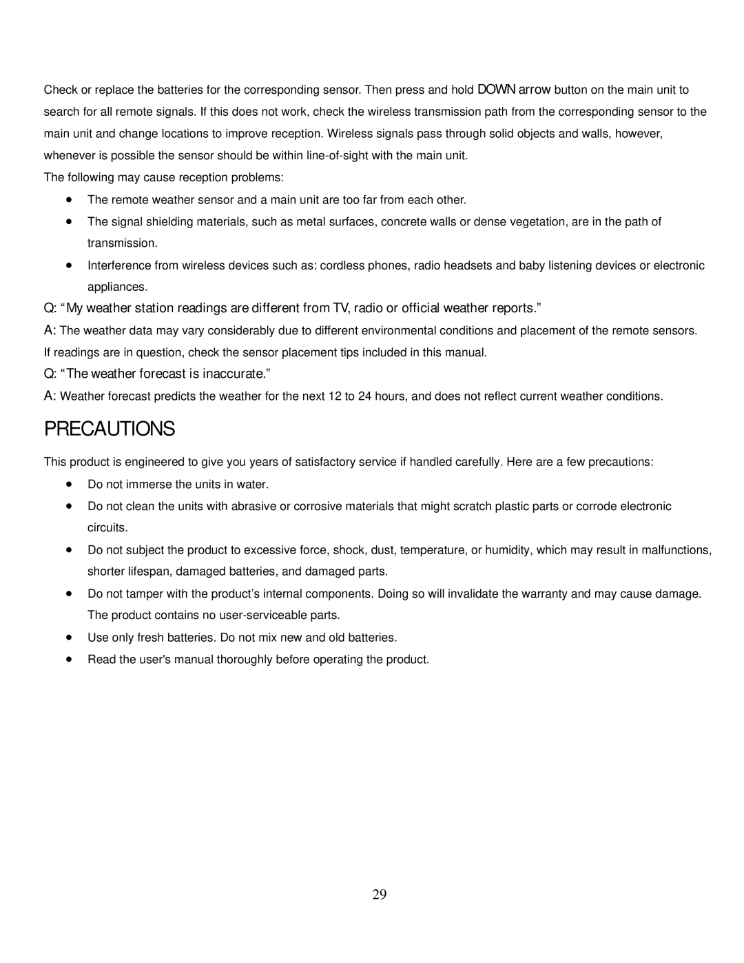 Honeywell TE831W-2 user manual Precautions, Weather forecast is inaccurate 