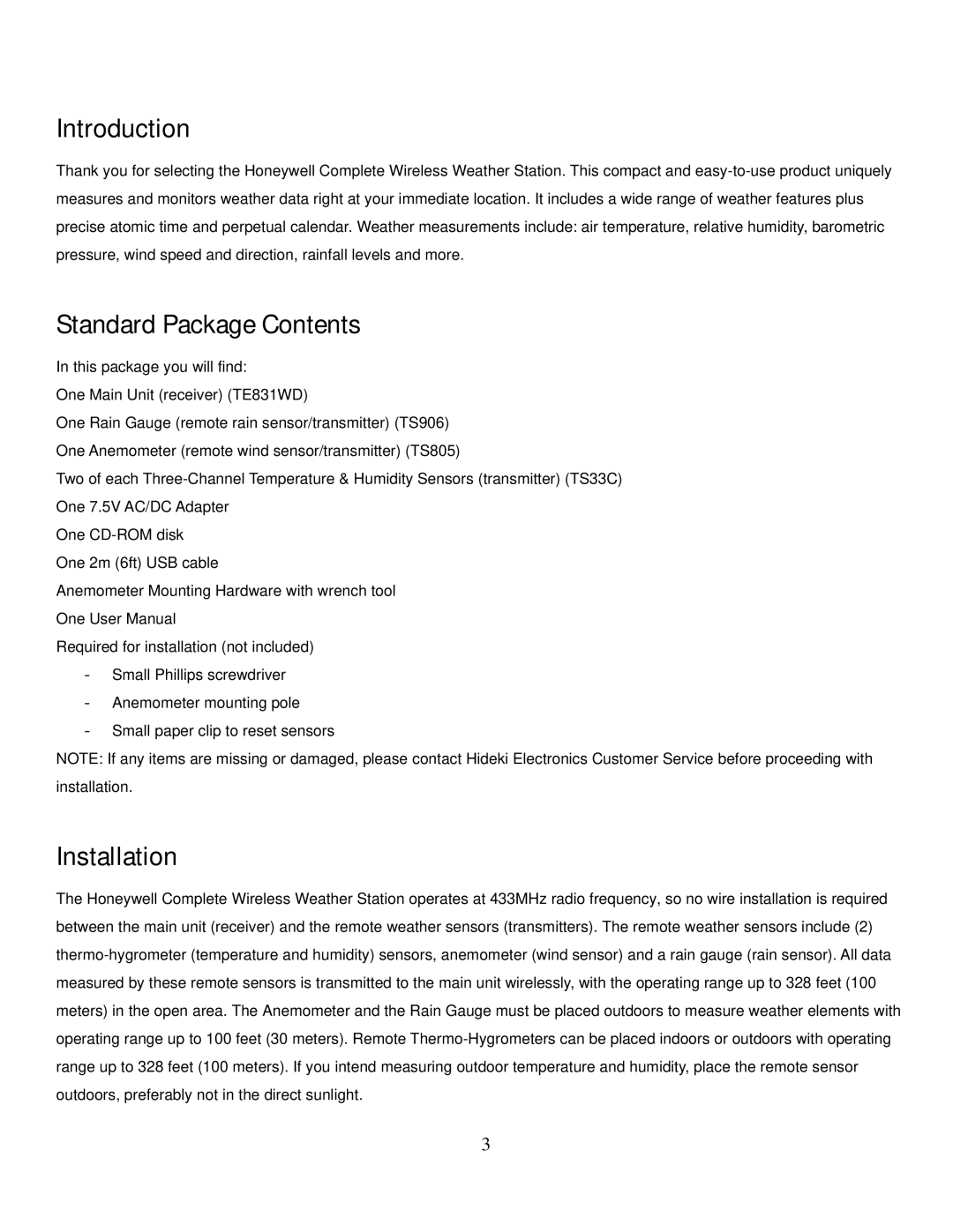 Honeywell TE831W-2 user manual Introduction, Standard Package Contents, Installation 