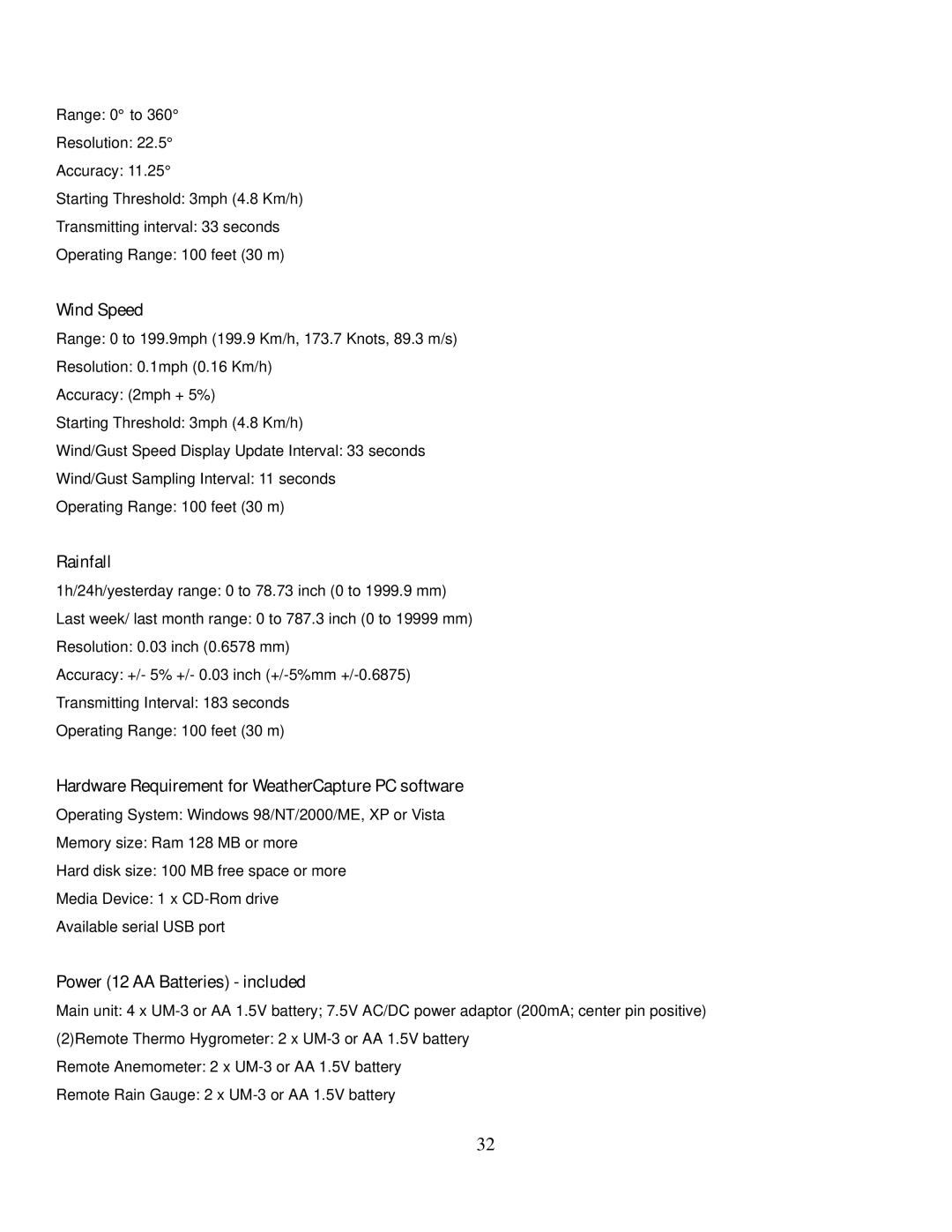 Honeywell TE831W-2 user manual Wind Speed, Rainfall, Hardware Requirement for WeatherCapture PC software 