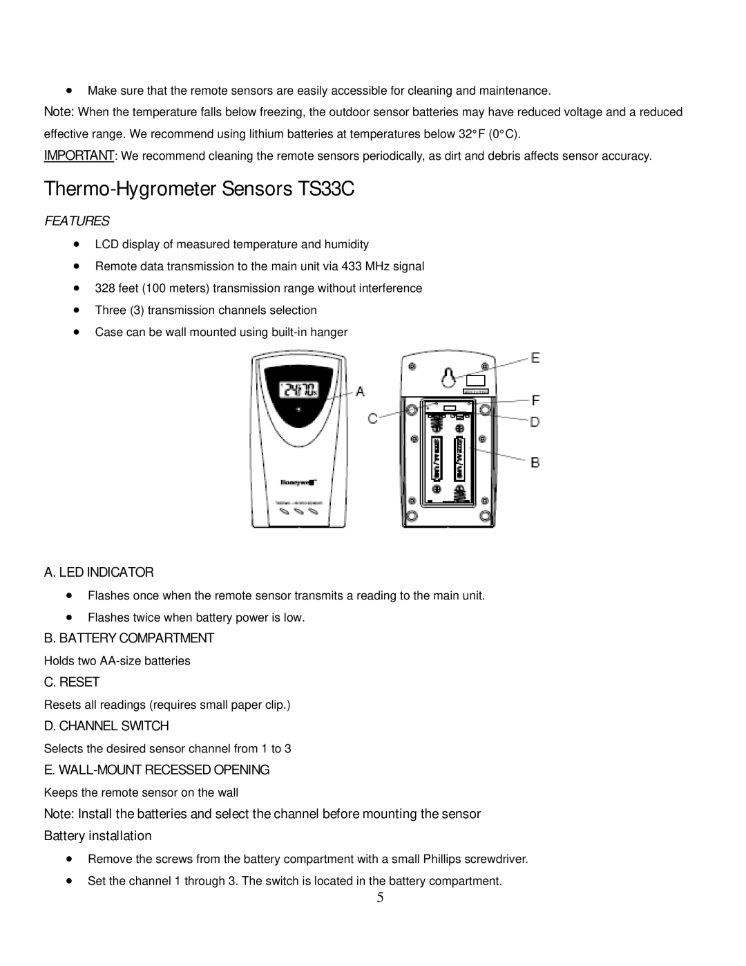 Honeywell TE831W-2 user manual Thermo-Hygrometer Sensors TS33C, Battery installation 