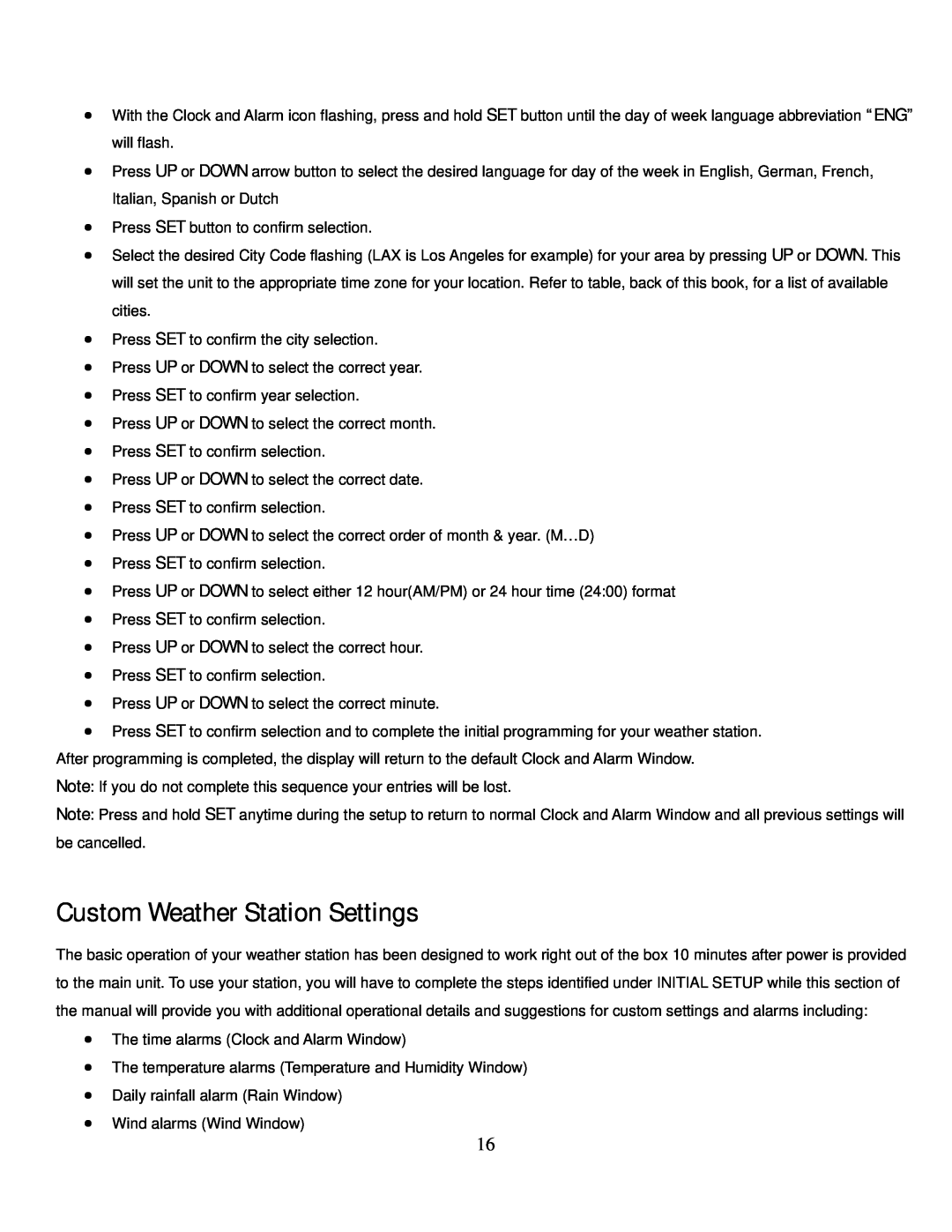 Honeywell TE831W-2 user manual Custom Weather Station Settings 