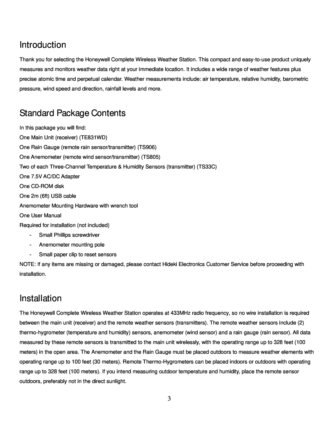 Honeywell TE831W-2 user manual Introduction, Standard Package Contents, Installation 