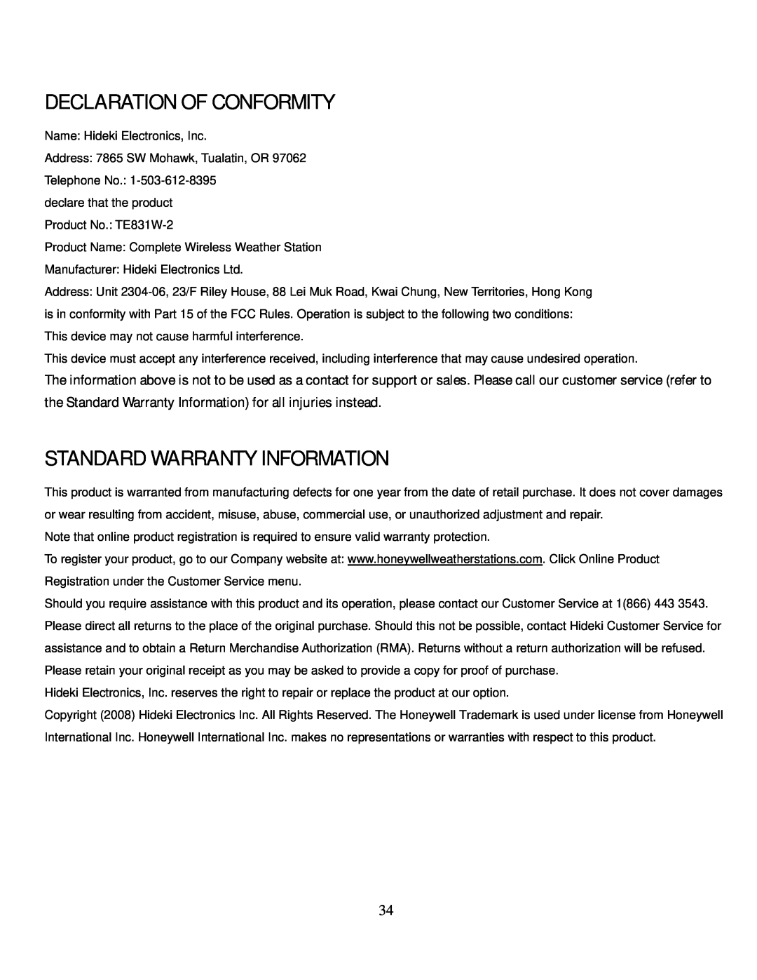 Honeywell TE831W-2 user manual Declaration Of Conformity, Standard Warranty Information 