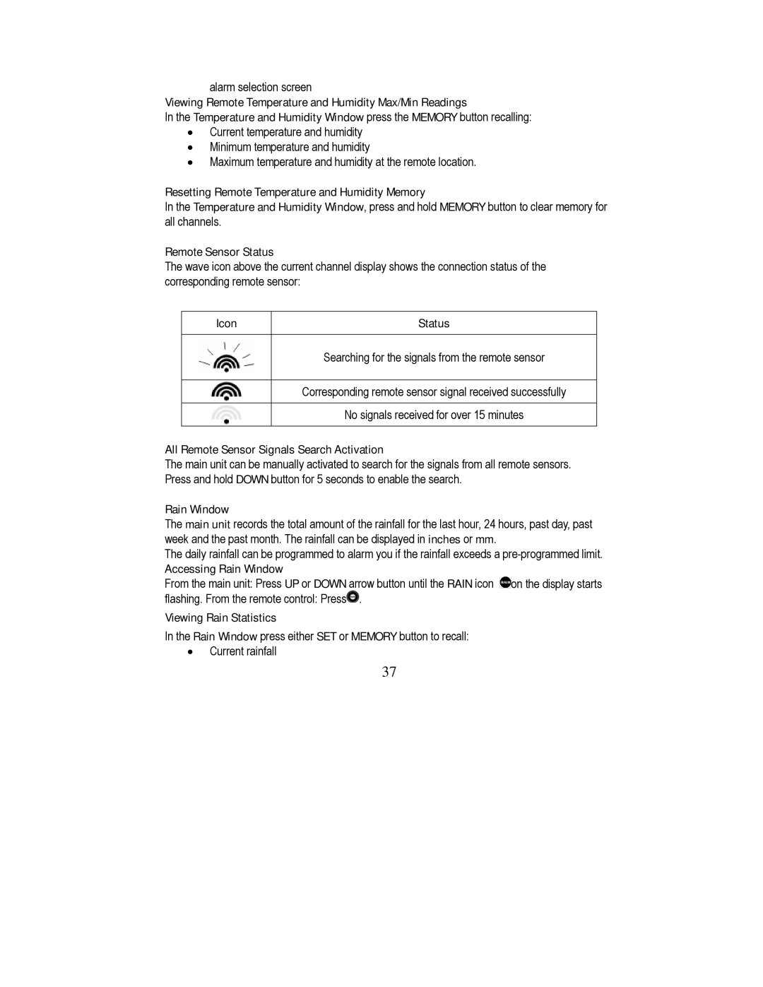 Honeywell TE923W user manual Resetting Remote Temperature and Humidity Memory, Remote Sensor Status, Rain Window 