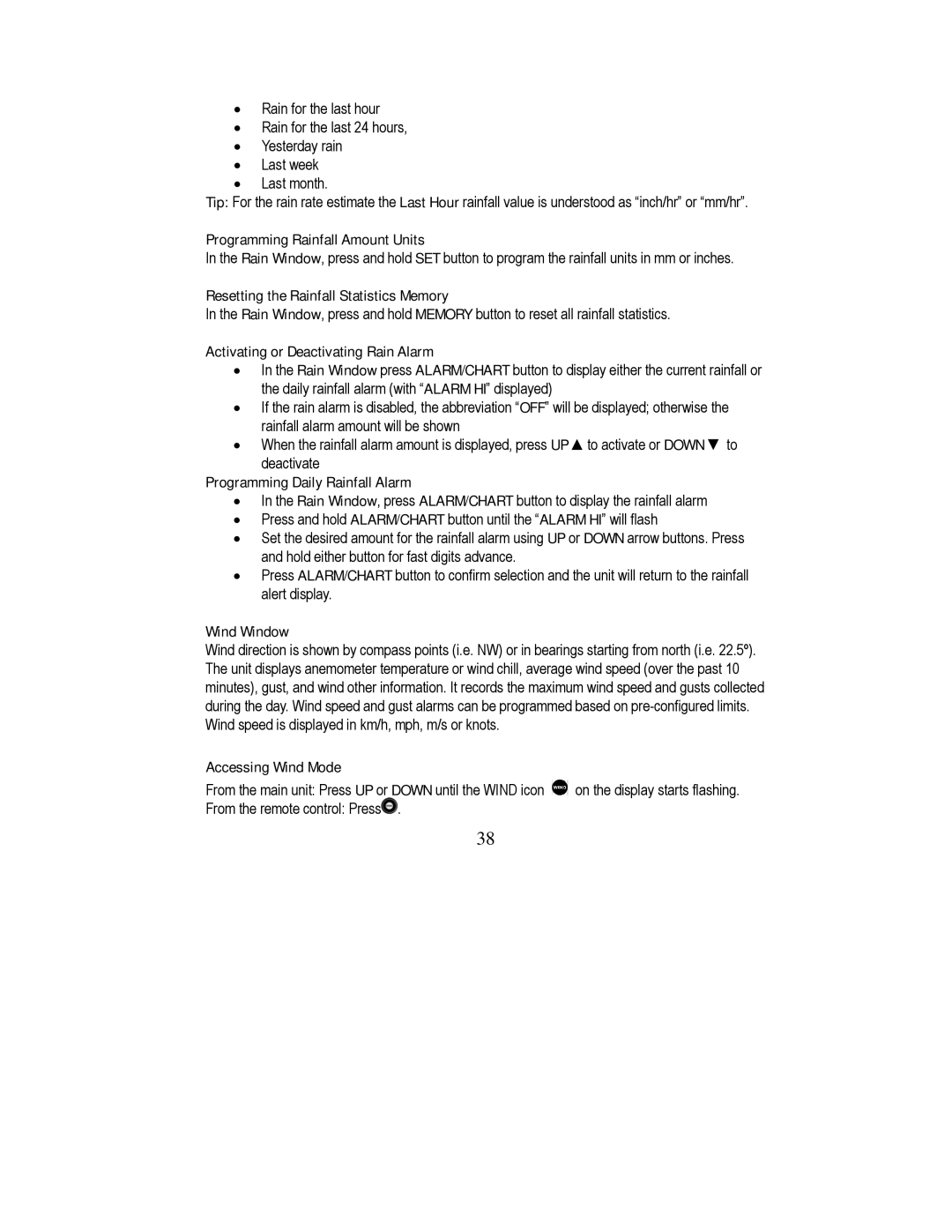 Honeywell TE923W user manual Programming Rainfall Amount Units, Resetting the Rainfall Statistics Memory, Wind Window 