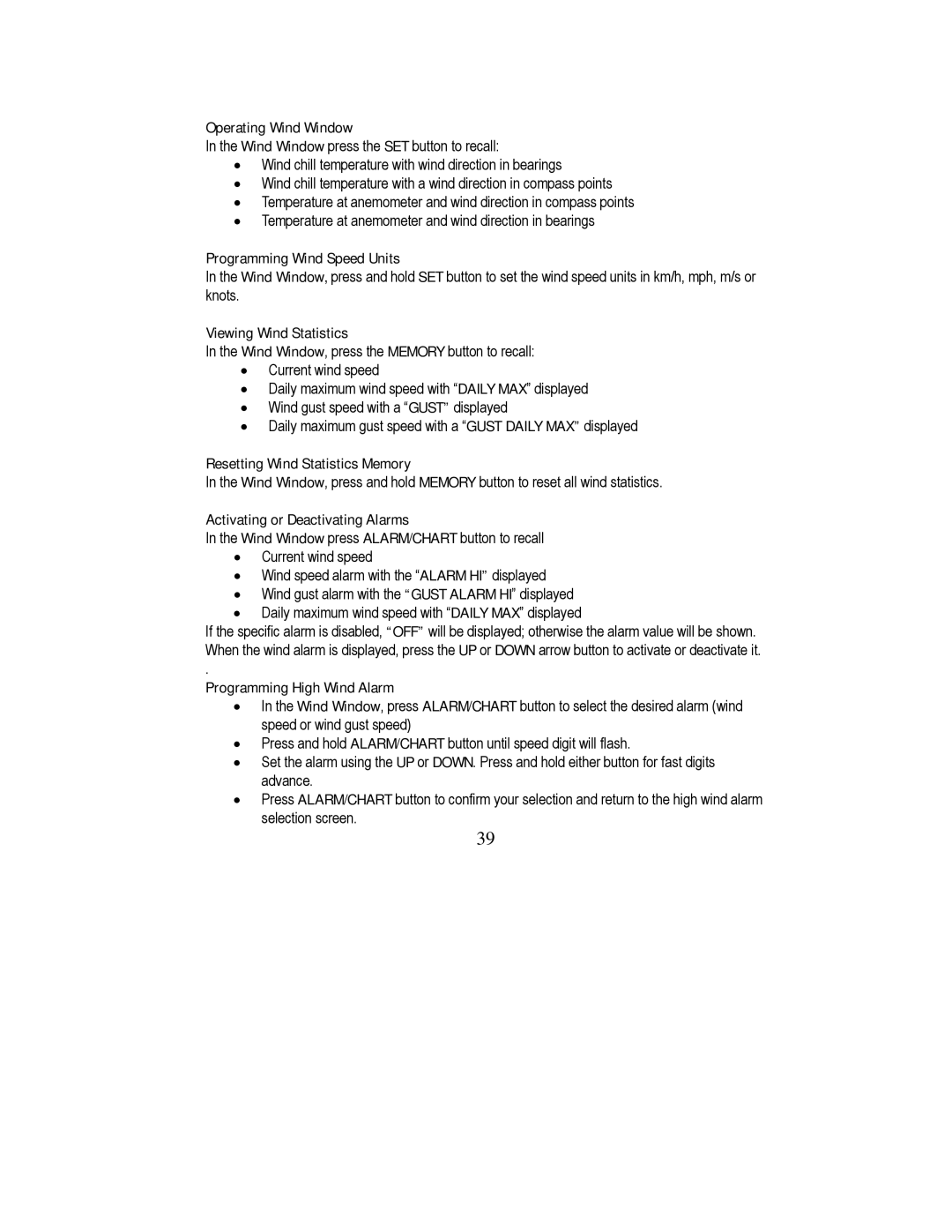 Honeywell TE923W Operating Wind Window, Programming Wind Speed Units, Viewing Wind Statistics, Programming High Wind Alarm 