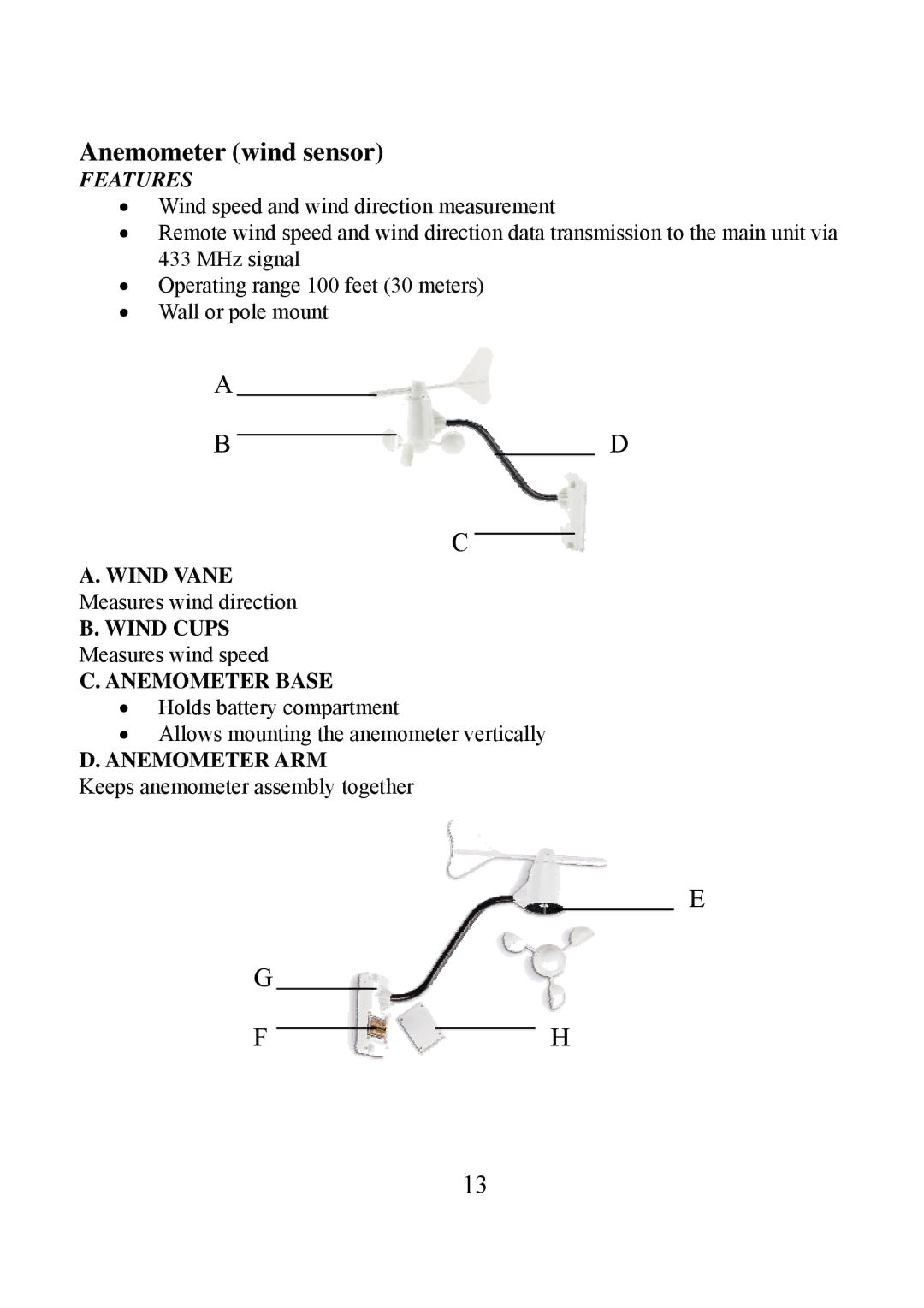 Honeywell TE923W user manual Anemometer wind sensor 