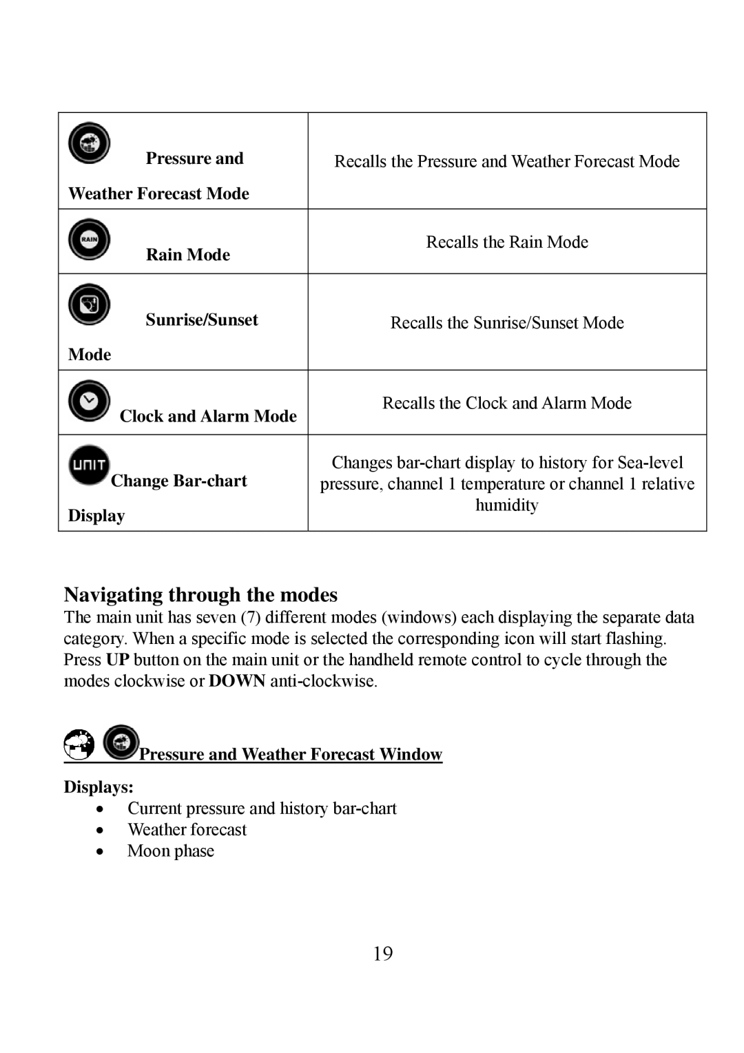 Honeywell TE923W user manual Navigating through the modes, Pressure and Weather Forecast Window Displays 