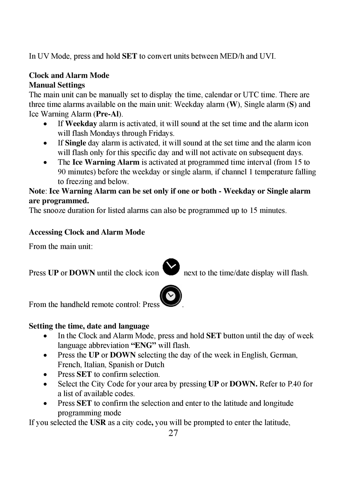 Honeywell TE923W Clock and Alarm Mode Manual Settings, Accessing Clock and Alarm Mode, Setting the time, date and language 