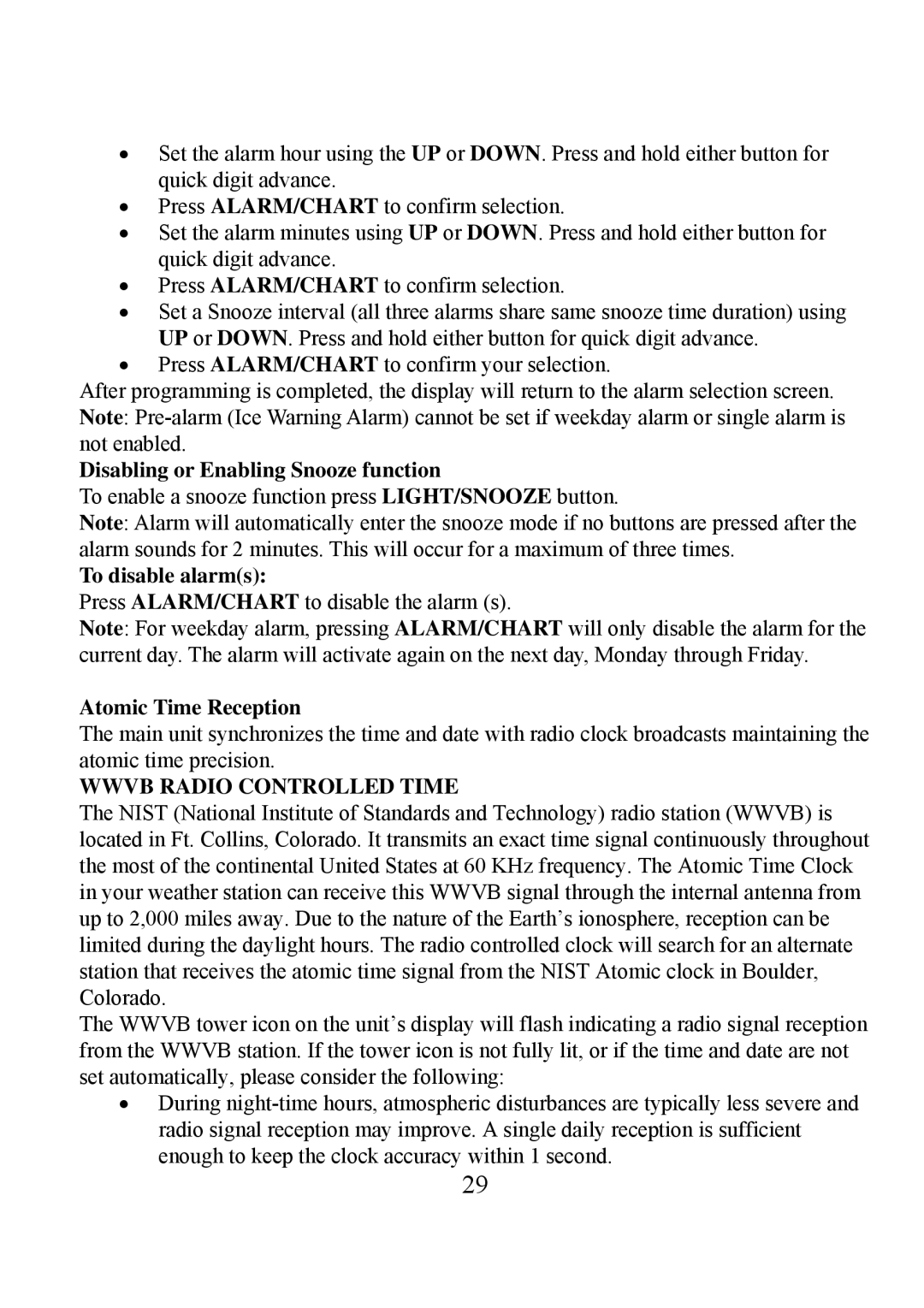 Honeywell TE923W user manual Disabling or Enabling Snooze function, To disable alarms, Atomic Time Reception 