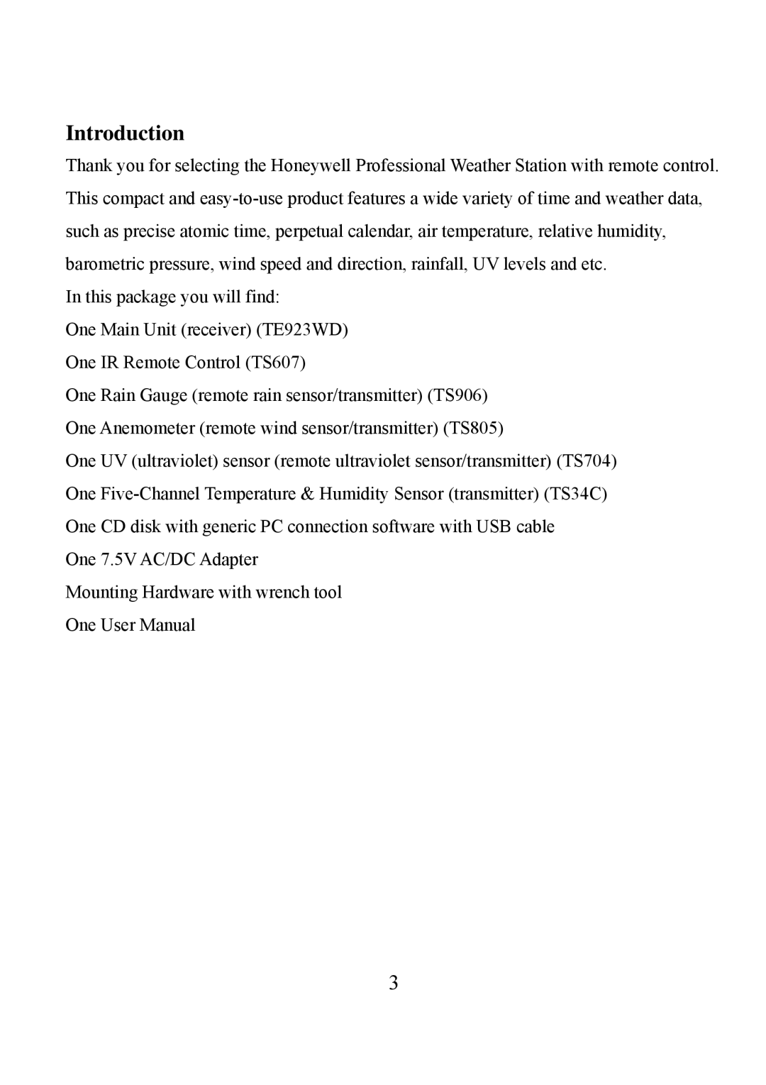 Honeywell TE923W user manual Introduction 