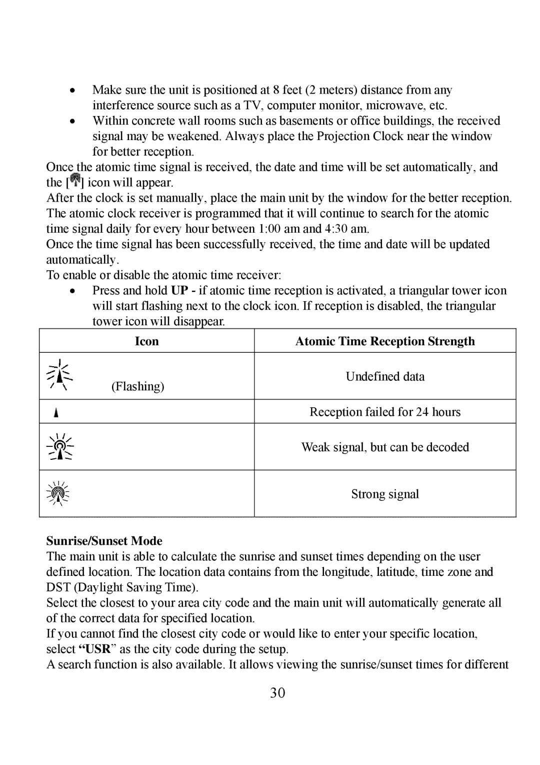 Honeywell TE923W user manual Icon Atomic Time Reception Strength, Sunrise/Sunset Mode 