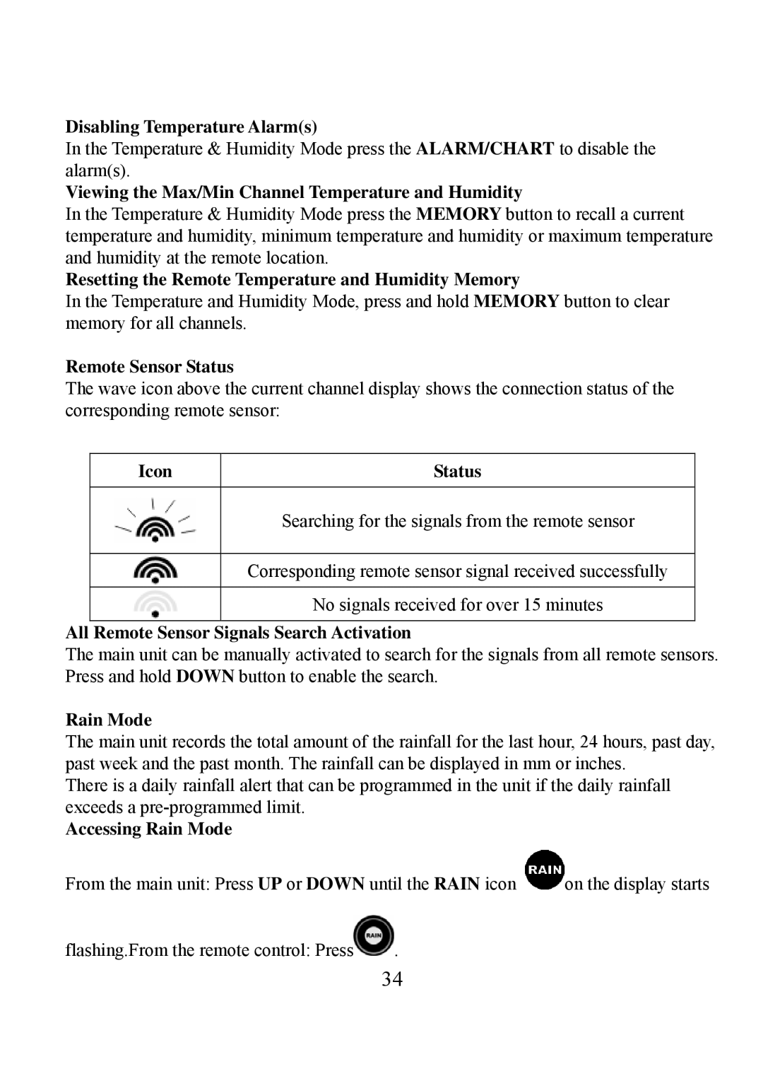 Honeywell TE923W Disabling Temperature Alarms, Viewing the Max/Min Channel Temperature and Humidity, Remote Sensor Status 