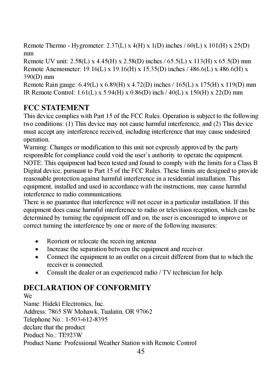 Honeywell TE923W user manual FCC Statement 