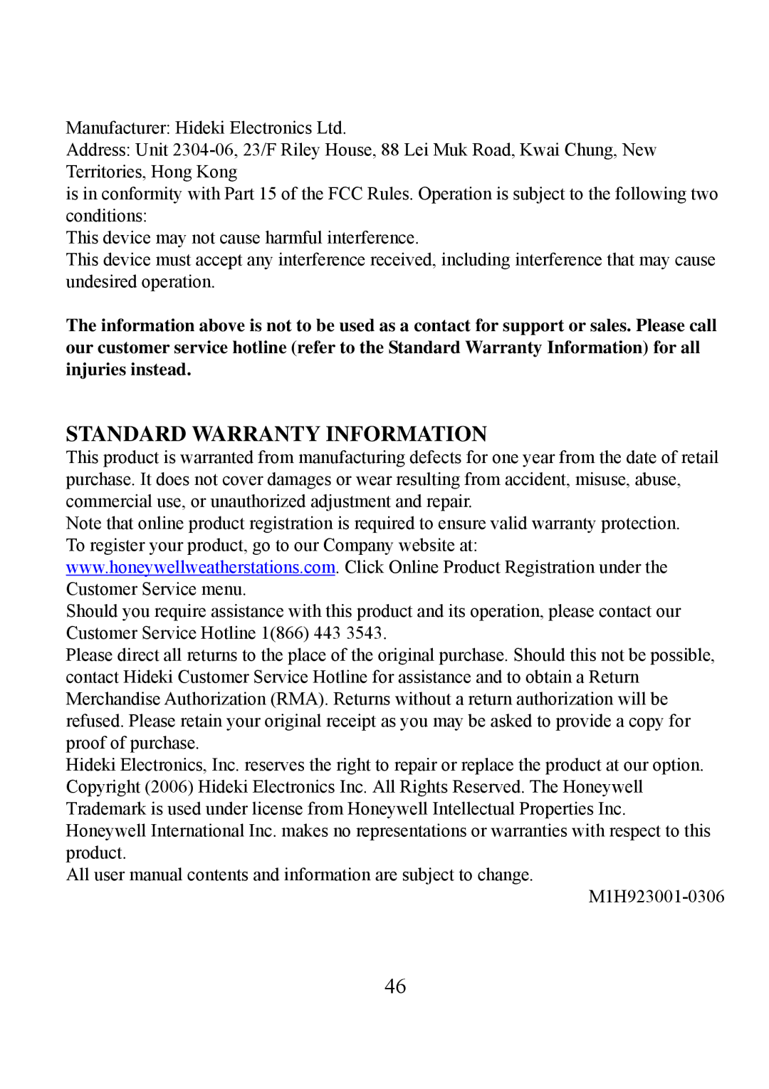 Honeywell TE923W user manual Standard Warranty Information 