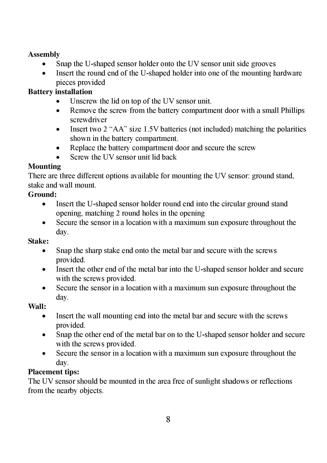 Honeywell TE923W user manual Assembly, Mounting, Ground, Stake, Wall, Placement tips 