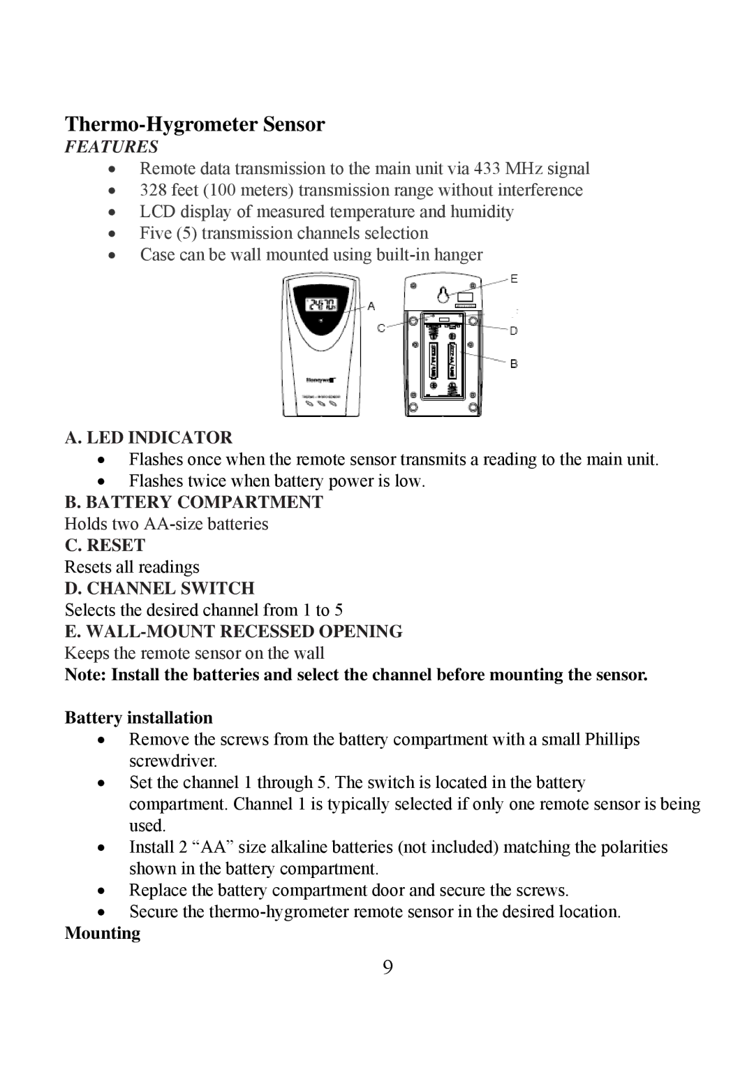 Honeywell TE923W user manual Thermo-Hygrometer Sensor, Features 