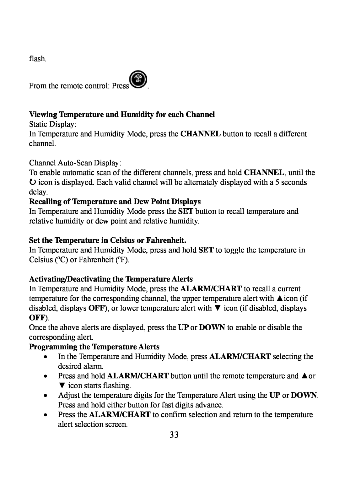Honeywell TE923W Viewing Temperature and Humidity for each Channel, Recalling of Temperature and Dew Point Displays 
