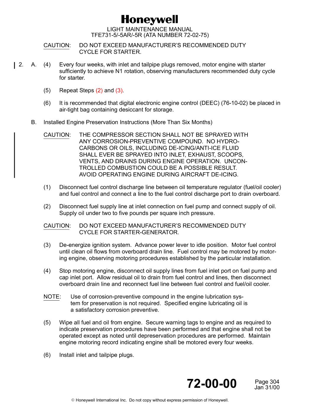 Honeywell TFE731-5-5AR -5R manual Light Maintenance Manual 