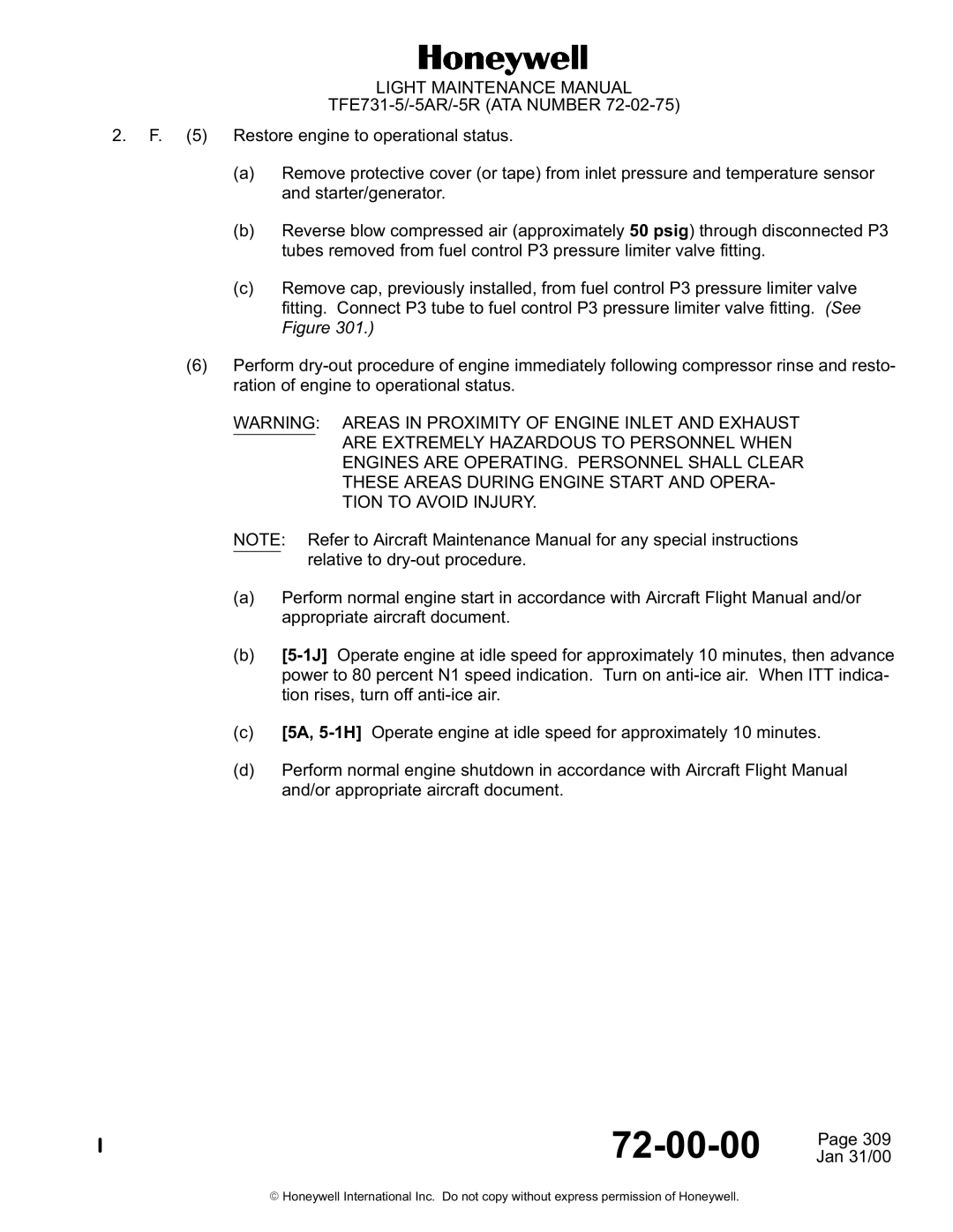 Honeywell TFE731-5-5AR -5R manual Light Maintenance Manual 