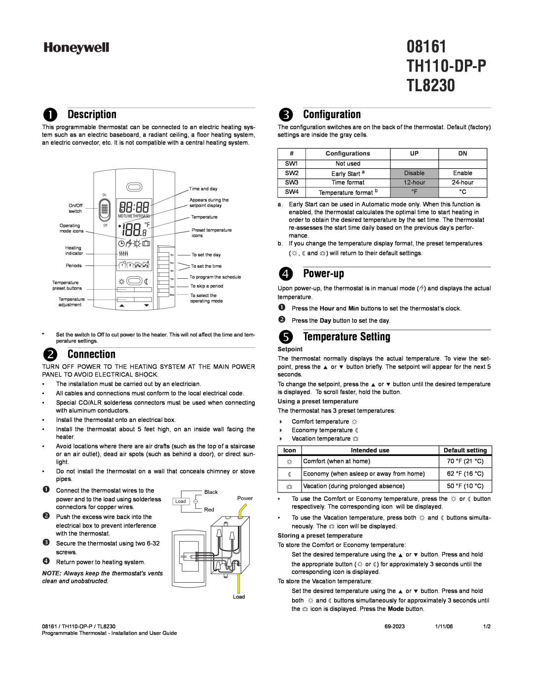 Honeywell TH110-DP-P manual n Description, o Connection, p Configuration, q Power-up, r Temperature Setting, Setpoint 